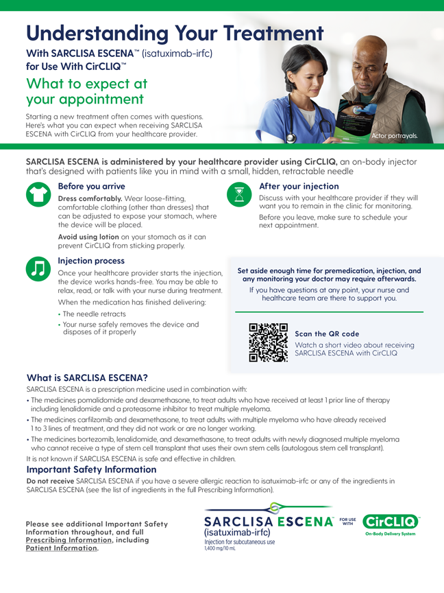 A flashcard on treatment with SARCLISA ESCENA (isatuximab-irfc).